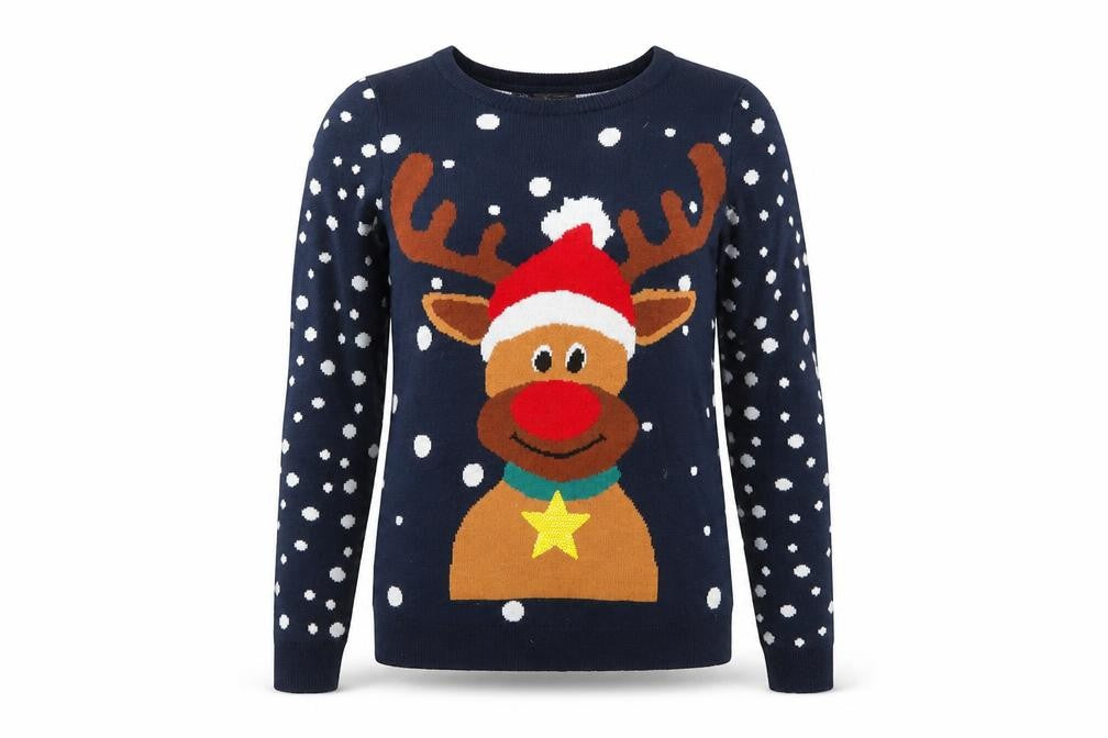 bonprix Womens Blue Round Neck Acrylic Pullover Jumper Size S - Reindeer Christmas