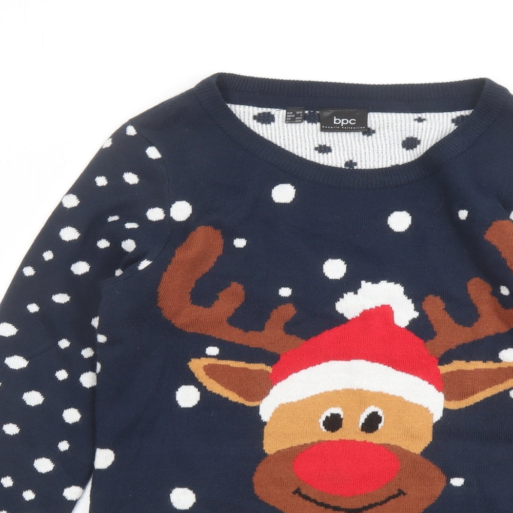 bonprix Womens Blue Round Neck Acrylic Pullover Jumper Size S - Reindeer Christmas