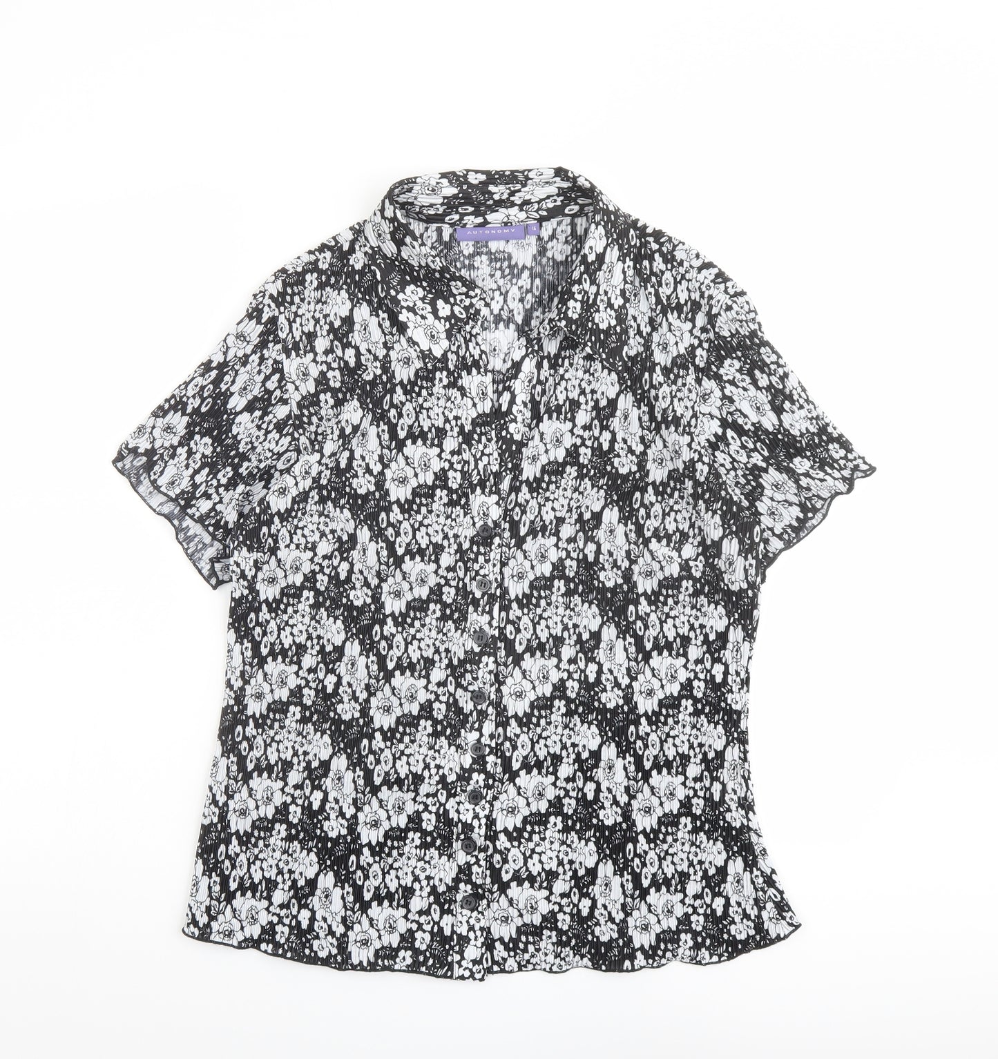 Autonomy Womens Black Floral Polyester Basic Button-Up Size 16 Collared