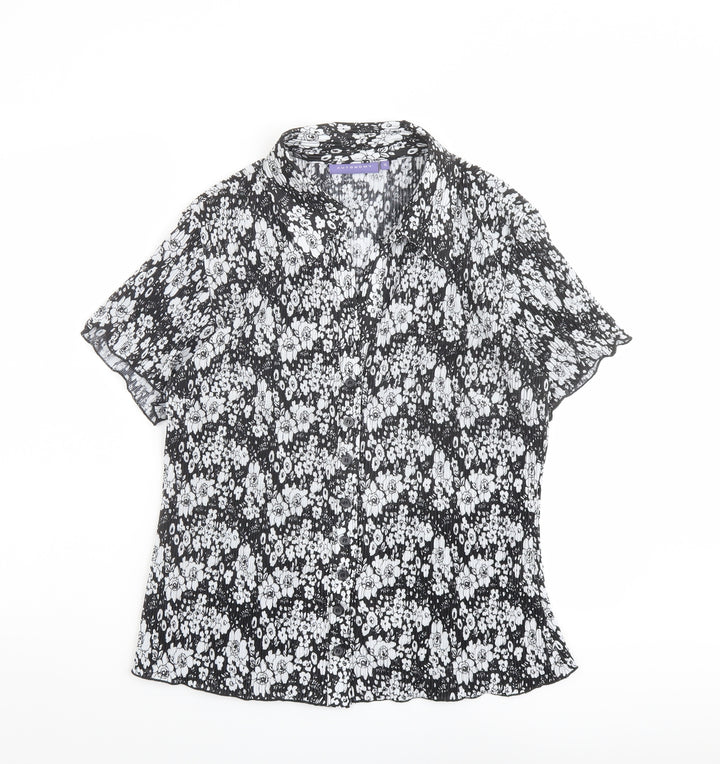 Autonomy Womens Black Floral Polyester Basic Button-Up Size 16 Collared