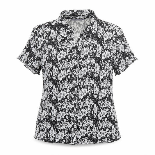 Front view of Autonomy women’s black floral polyester basic button-up, size UK 16, collared