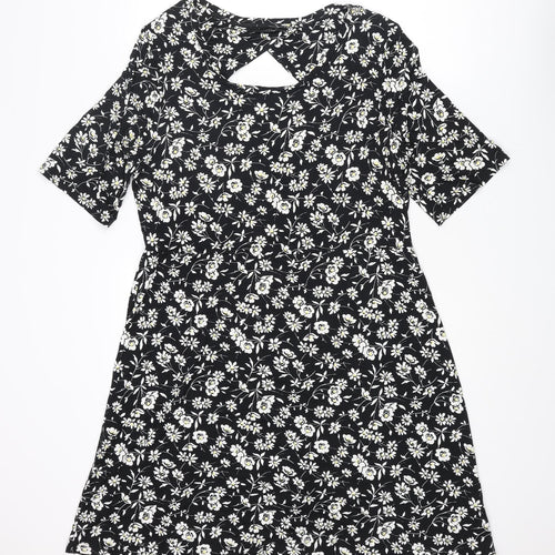 NEXT Womens Black Floral Viscose A-Line Size 18 Boat Neck Pullover - Cut Out Back Detail