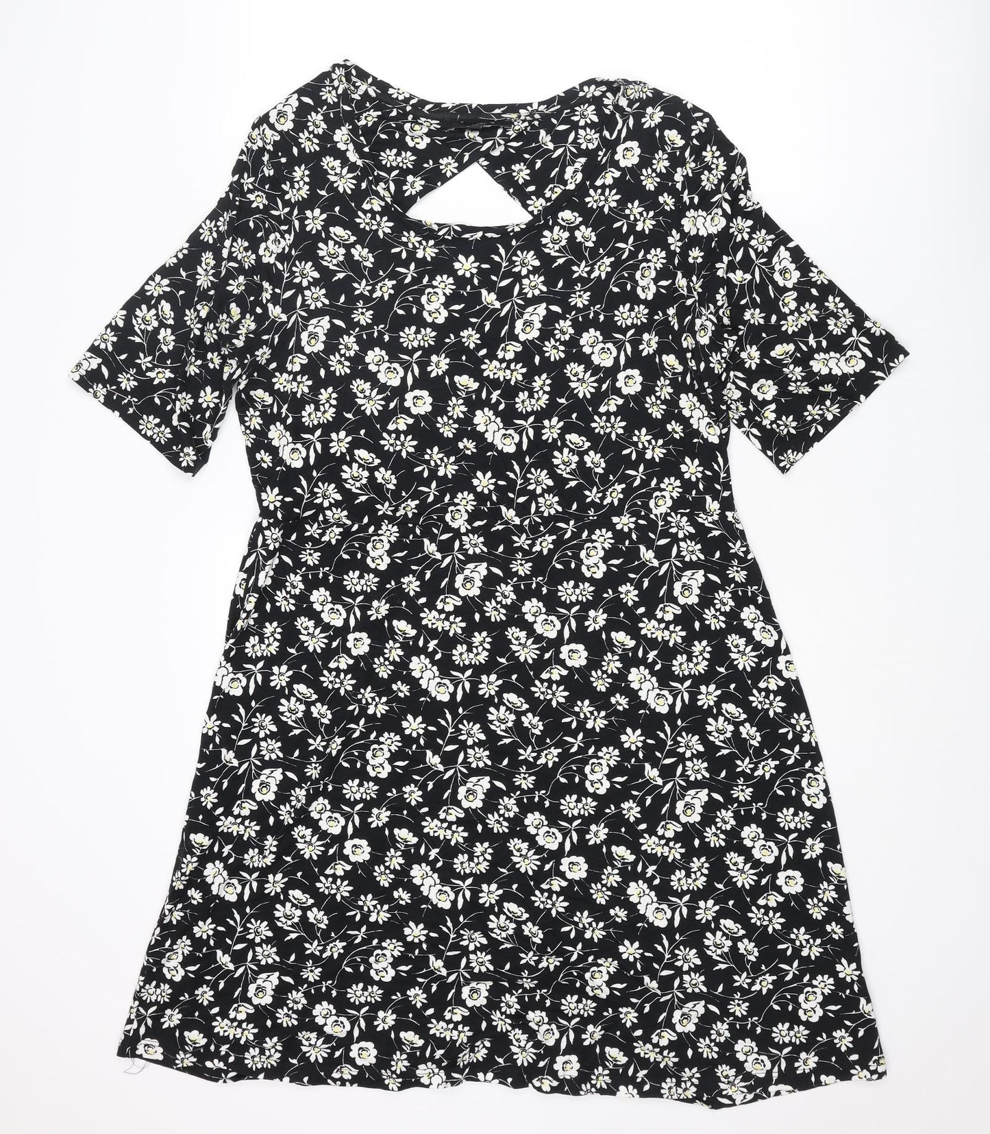 NEXT Womens Black Floral Viscose A-Line Size 18 Boat Neck Pullover - Cut Out Back Detail
