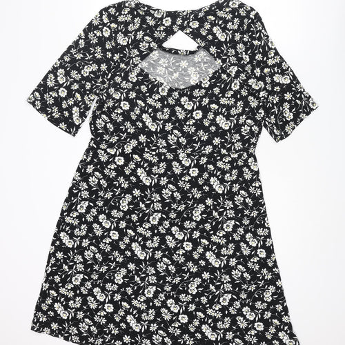 NEXT Womens Black Floral Viscose A-Line Size 18 Boat Neck Pullover - Cut Out Back Detail