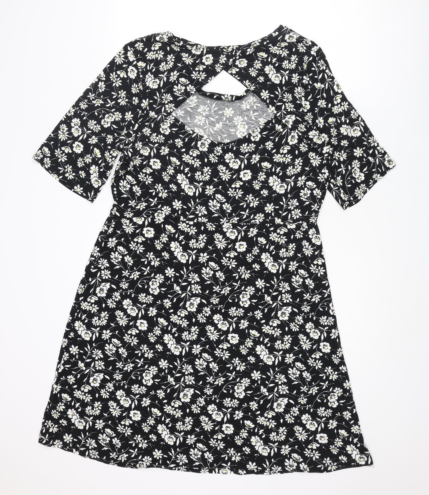 NEXT Womens Black Floral Viscose A-Line Size 18 Boat Neck Pullover - Cut Out Back Detail