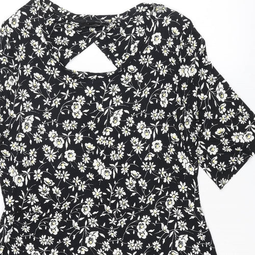 NEXT Womens Black Floral Viscose A-Line Size 18 Boat Neck Pullover - Cut Out Back Detail
