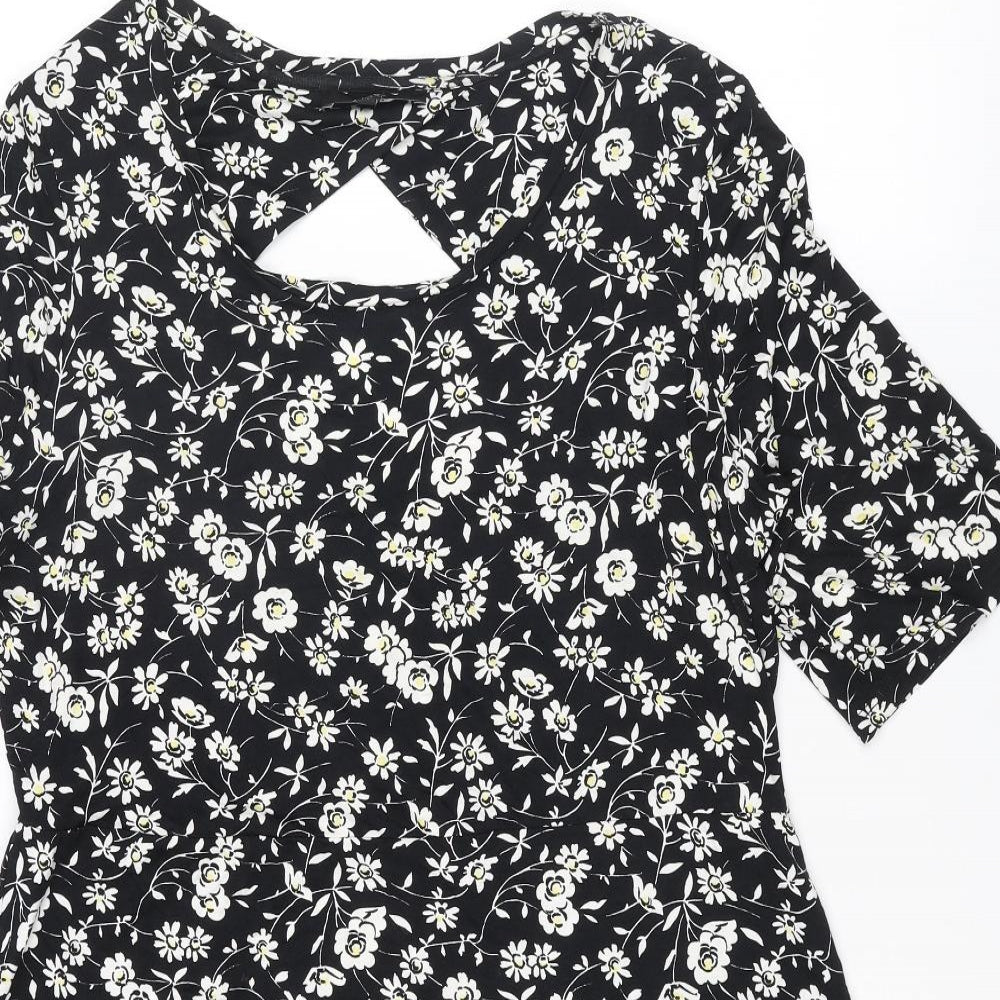 NEXT Womens Black Floral Viscose A-Line Size 18 Boat Neck Pullover - Cut Out Back Detail