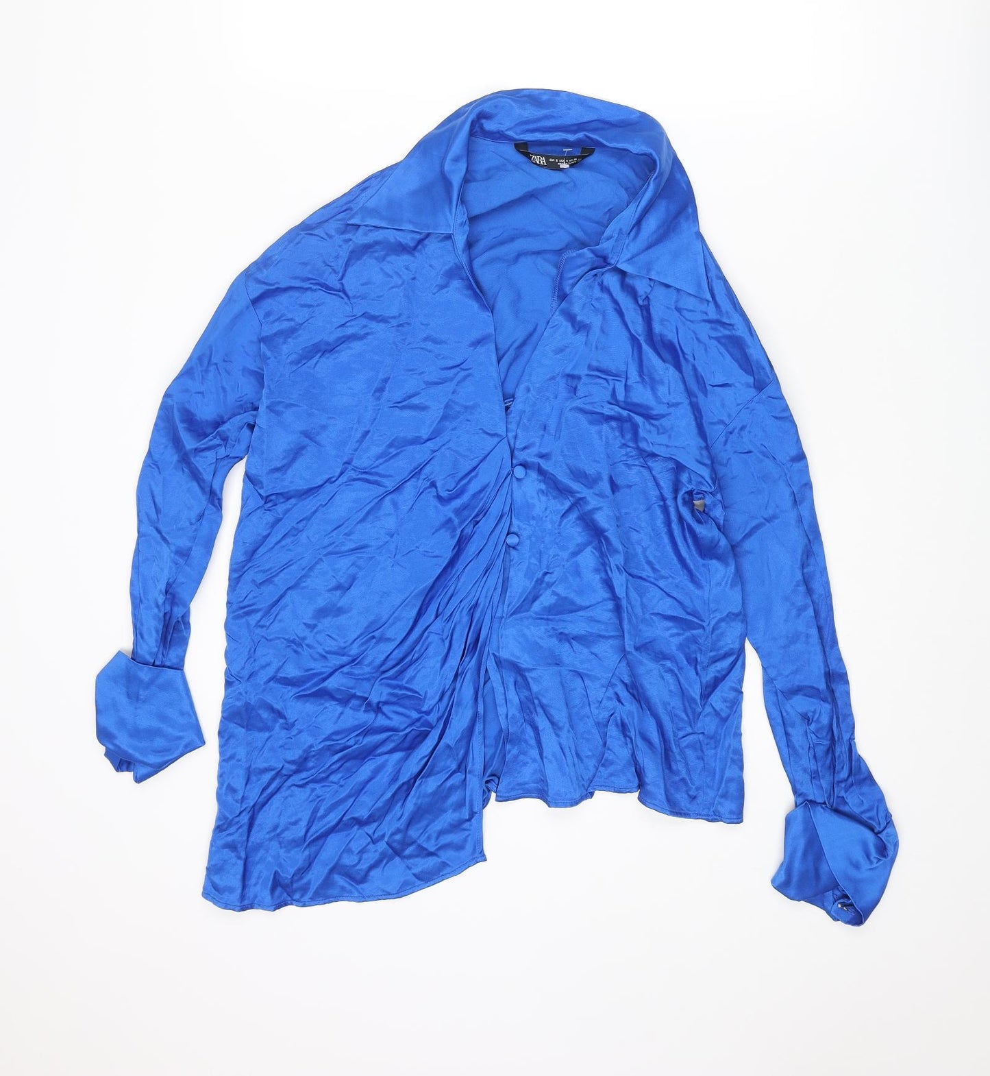 Zara Womens Blue Viscose Basic Button-Up Size S Collared - Asymmetric Hem