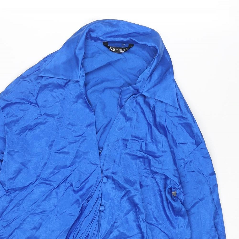 Zara Womens Blue Viscose Basic Button-Up Size S Collared - Asymmetric Hem