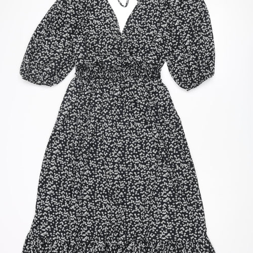 Miss Selfridge Womens Black Floral Polyester Trapeze & Swing Size 12 V-Neck Tie