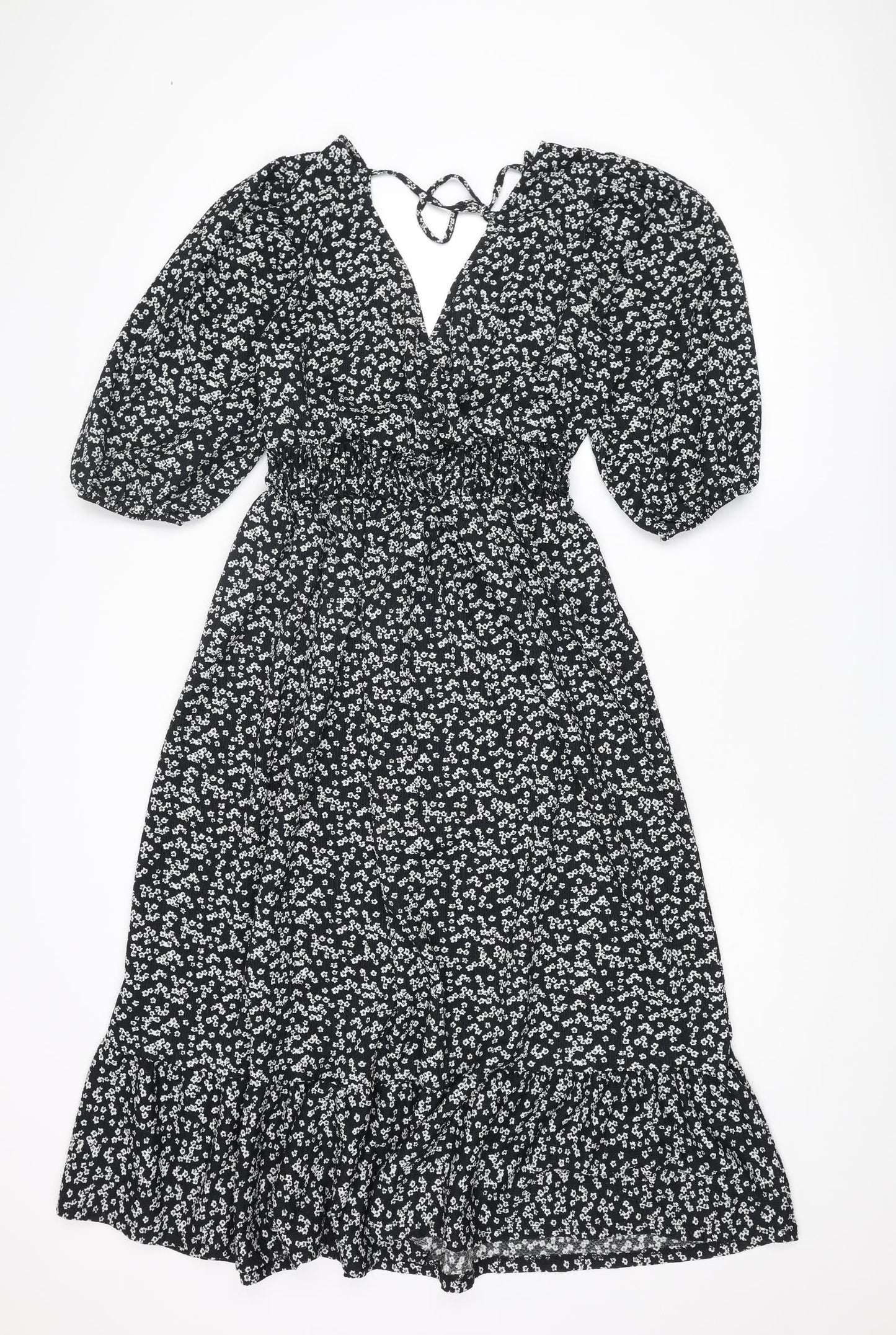 Miss Selfridge Womens Black Floral Polyester Trapeze & Swing Size 12 V-Neck Tie