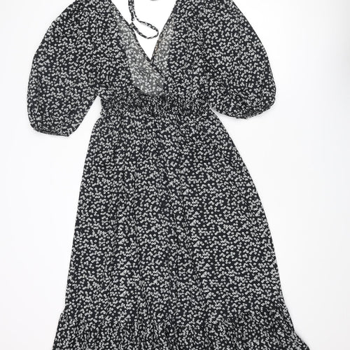 Miss Selfridge Womens Black Floral Polyester Trapeze & Swing Size 12 V-Neck Tie