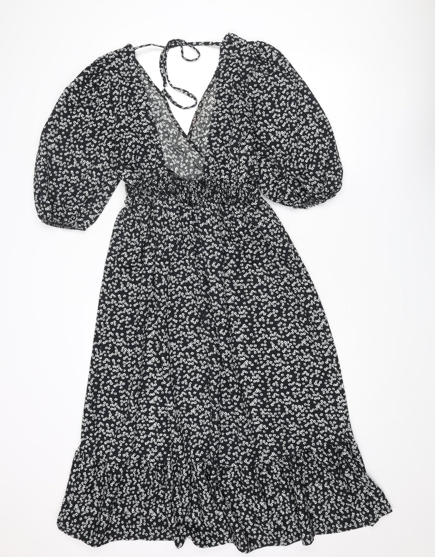 Miss Selfridge Womens Black Floral Polyester Trapeze & Swing Size 12 V-Neck Tie