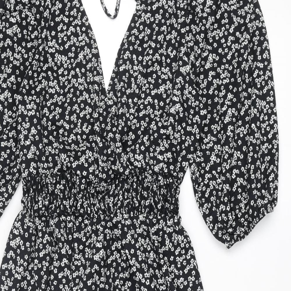 Miss Selfridge Womens Black Floral Polyester Trapeze & Swing Size 12 V-Neck Tie