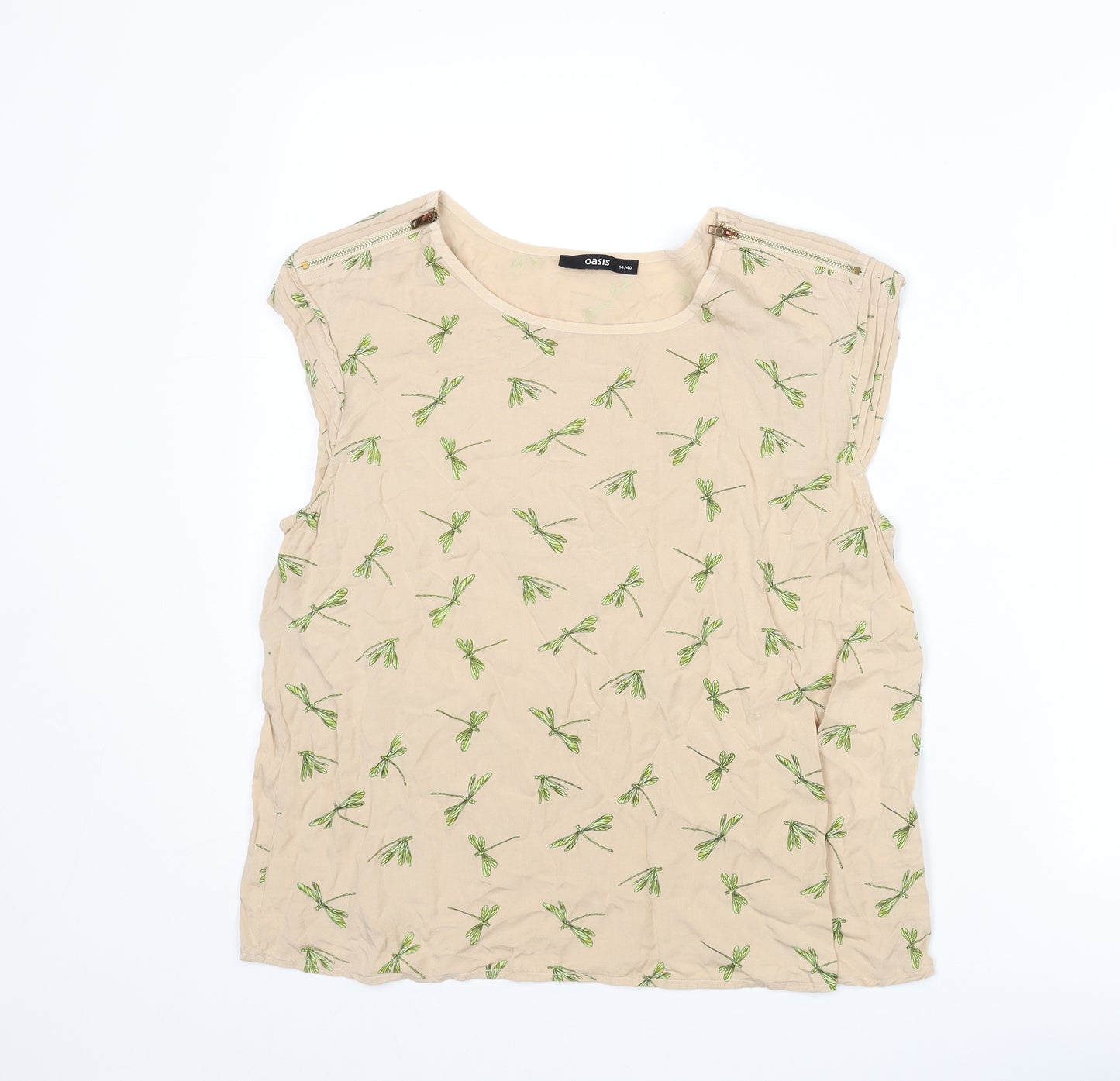 Oasis Womens Beige Geometric Viscose Basic Tank Size 14 Round Neck - Dragonfly Pattern