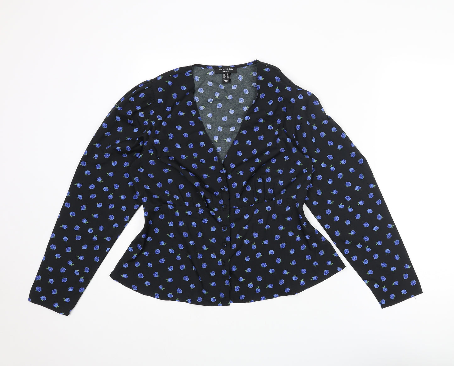 New Look Womens Black Floral Polyester Basic Blouse Size 10 V-Neck