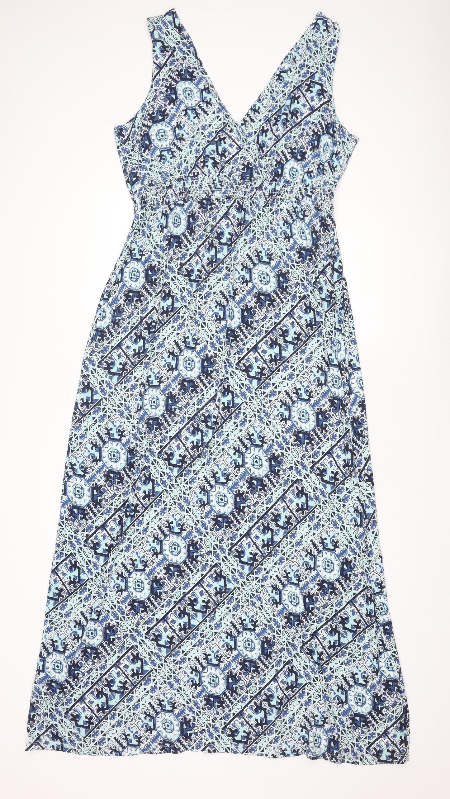 ESMARA Womens Blue Geometric Viscose Maxi Size XL V-Neck Pullover