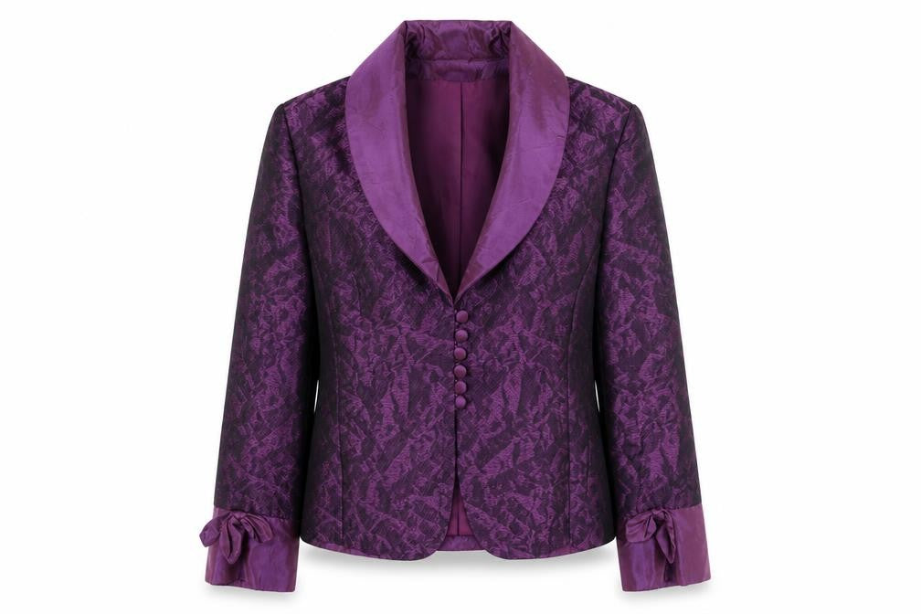 Front view of John Bentley women’s purple geometric jacket blazer, size UK 12, button