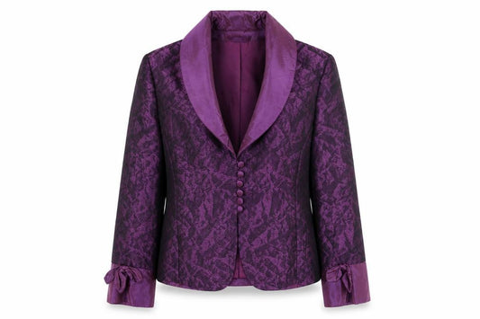 Front view of John Bentley women’s purple geometric jacket blazer, size UK 12, button
