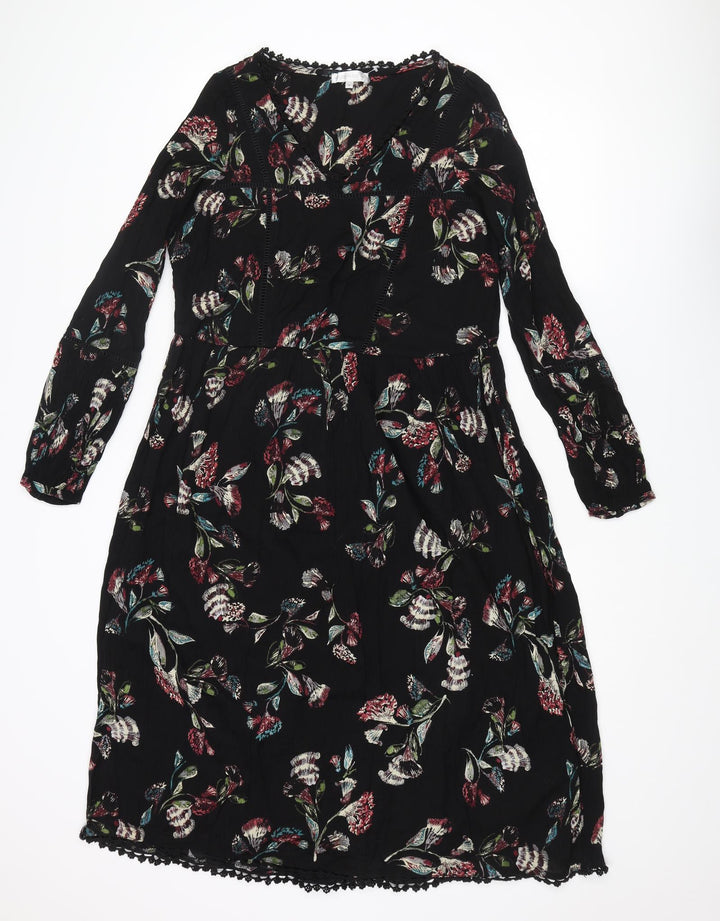 RJR.John Rocha Womens Black Geometric Viscose A-Line Size 10 V-Neck Pullover