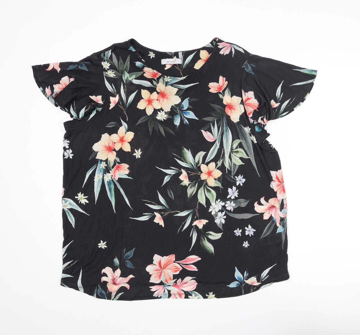 Per Una Womens Black Floral Viscose Basic T-Shirt Size 20 Round Neck