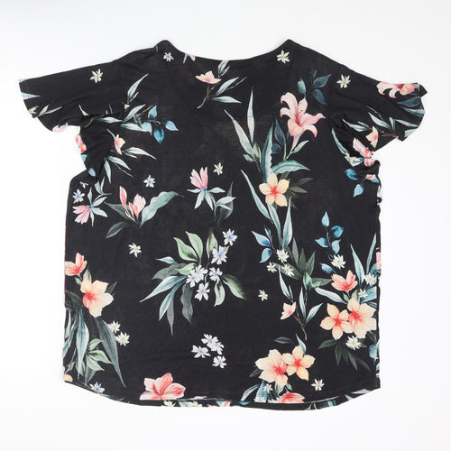 Per Una Womens Black Floral Viscose Basic T-Shirt Size 20 Round Neck