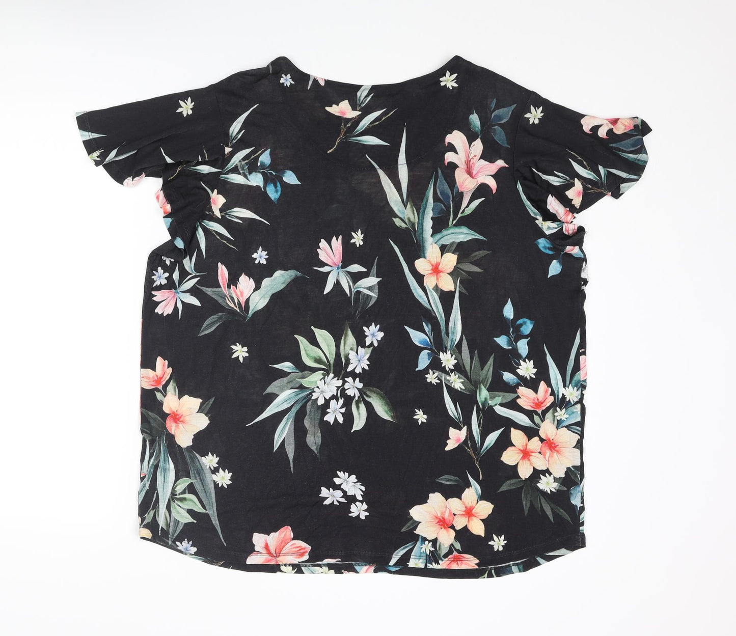 Per Una Womens Black Floral Viscose Basic T-Shirt Size 20 Round Neck