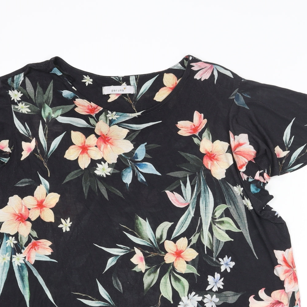 Per Una Womens Black Floral Viscose Basic T-Shirt Size 20 Round Neck