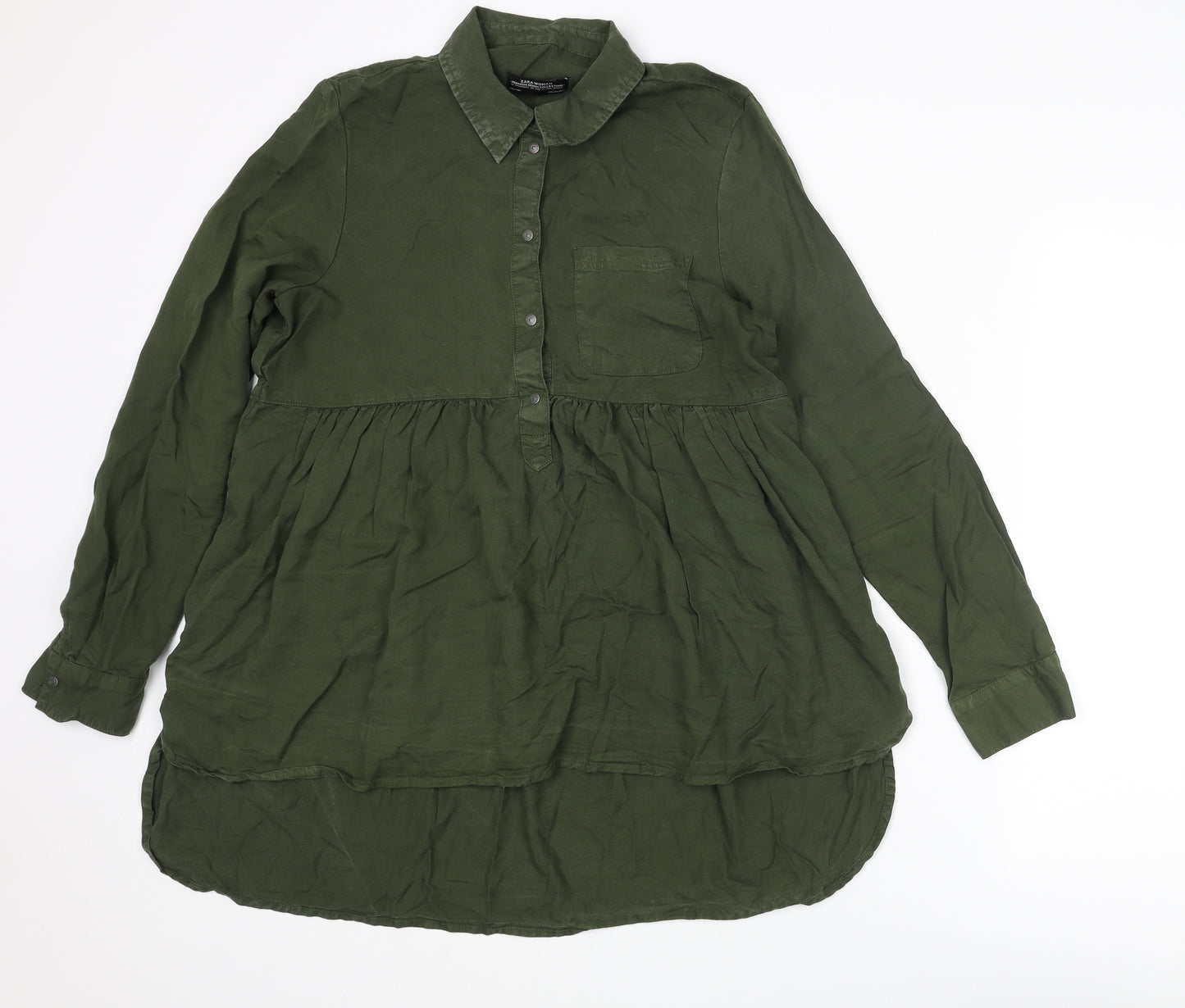 Zara Womens Green Lyocell Basic Blouse Size S Collared