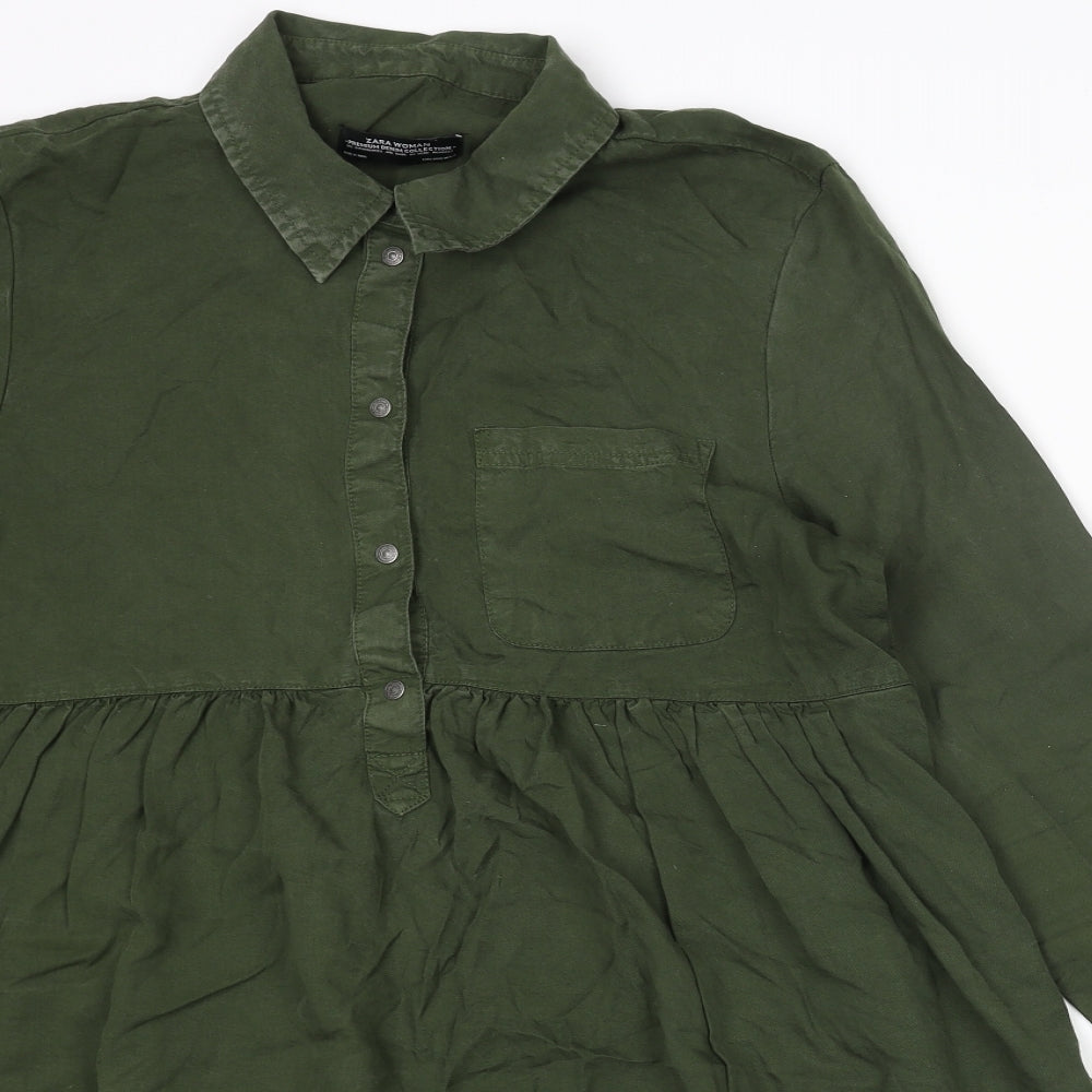 Zara Womens Green Lyocell Basic Blouse Size S Collared