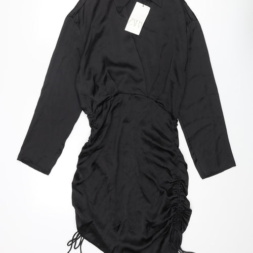 Zara Womens Black Polyester Shirt Dress Size M Collared Zip
