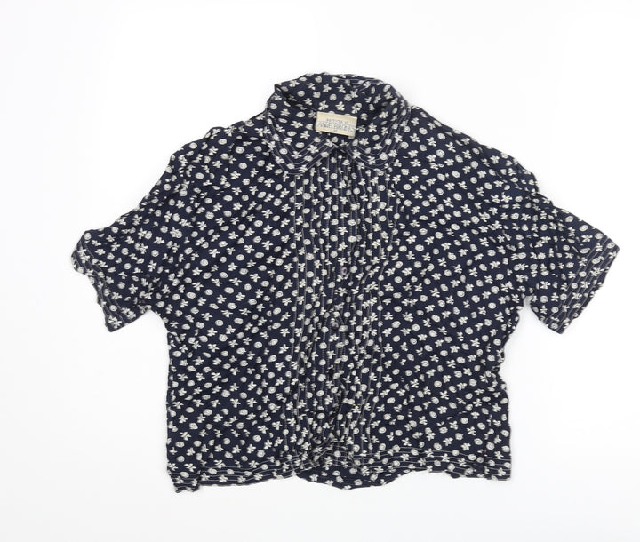 Anne Brooks Womens Blue Geometric Viscose Basic Button-Up Size 16 Collared