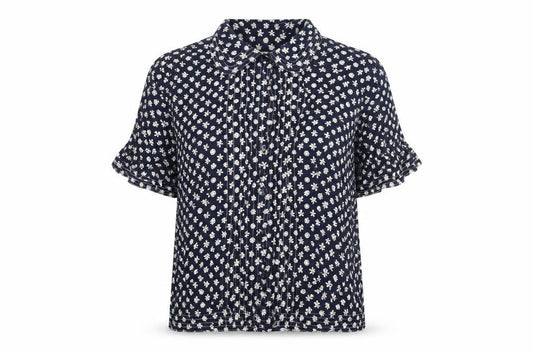 Front view of Anne Brooks women’s blue geometric viscose basic button-up, size UK 16, collared