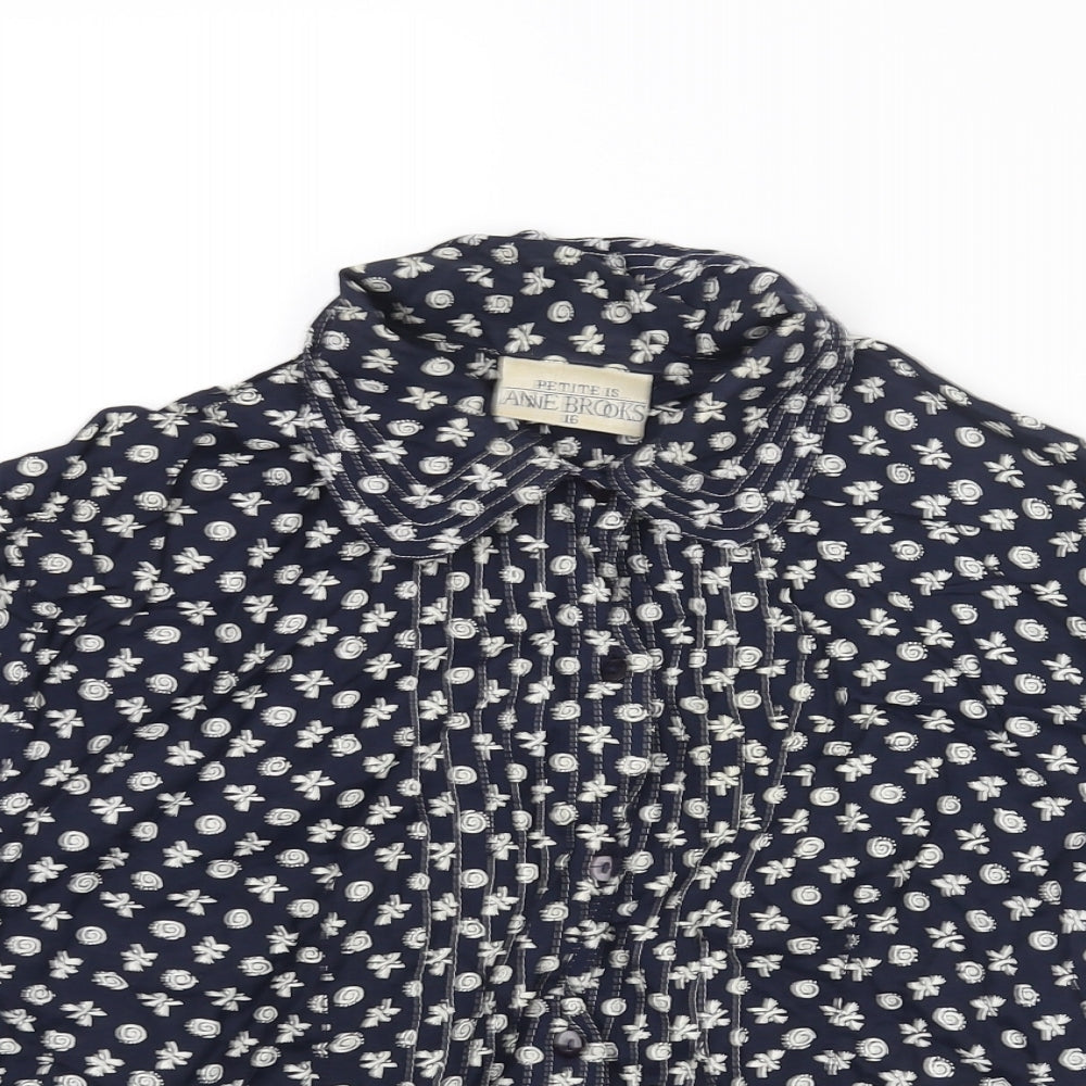 Anne Brooks Womens Blue Geometric Viscose Basic Button-Up Size 16 Collared