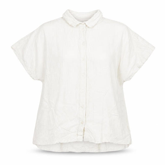 Front view of H&M women’s ivory viscose basic button-up, size UK 8, collared