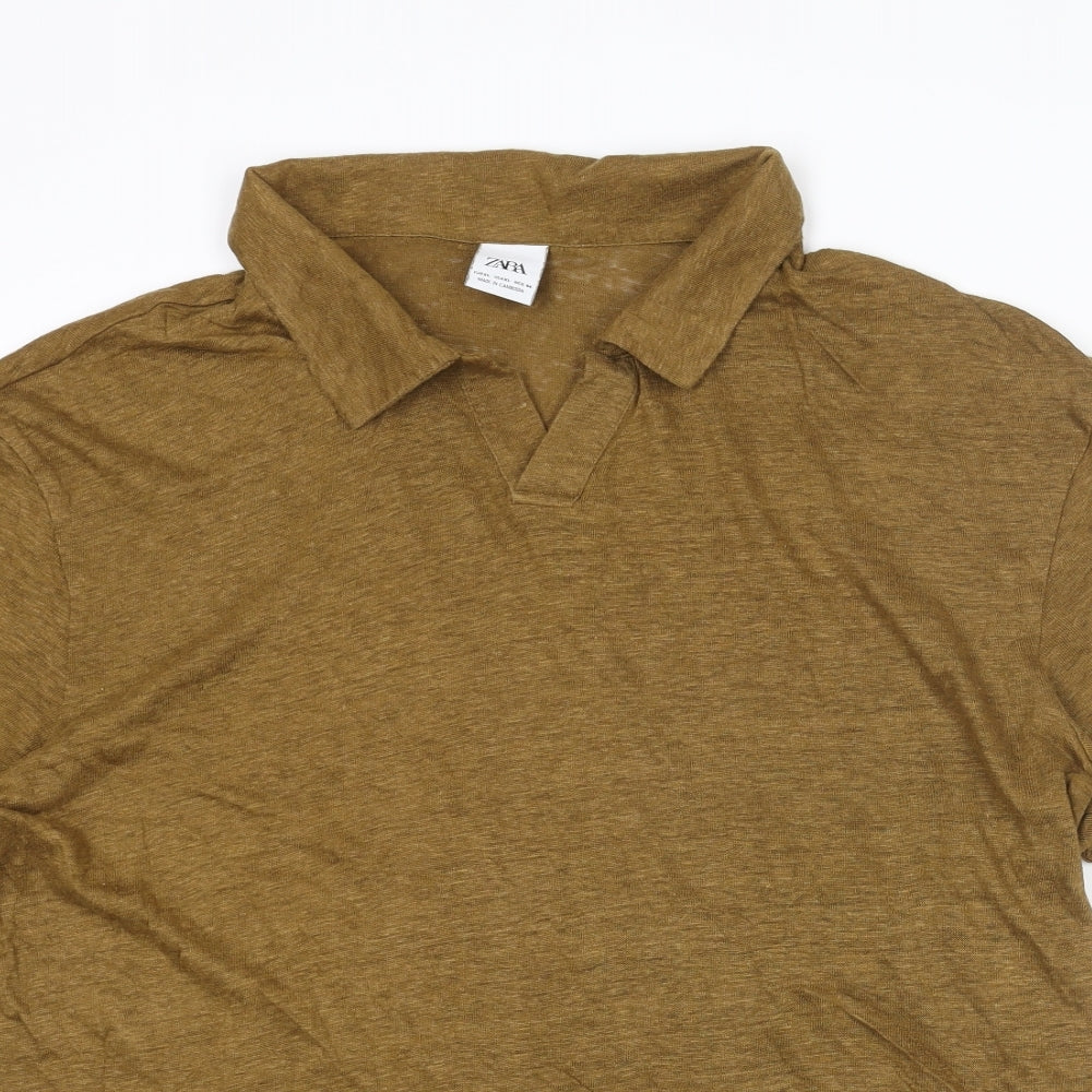 Zara Mens Brown Linen Polo Size XL Collared Pullover