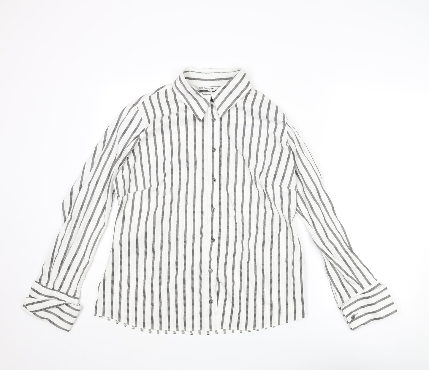 Autograph Womens White Striped Cotton Basic Button-Up Size 18 Collared