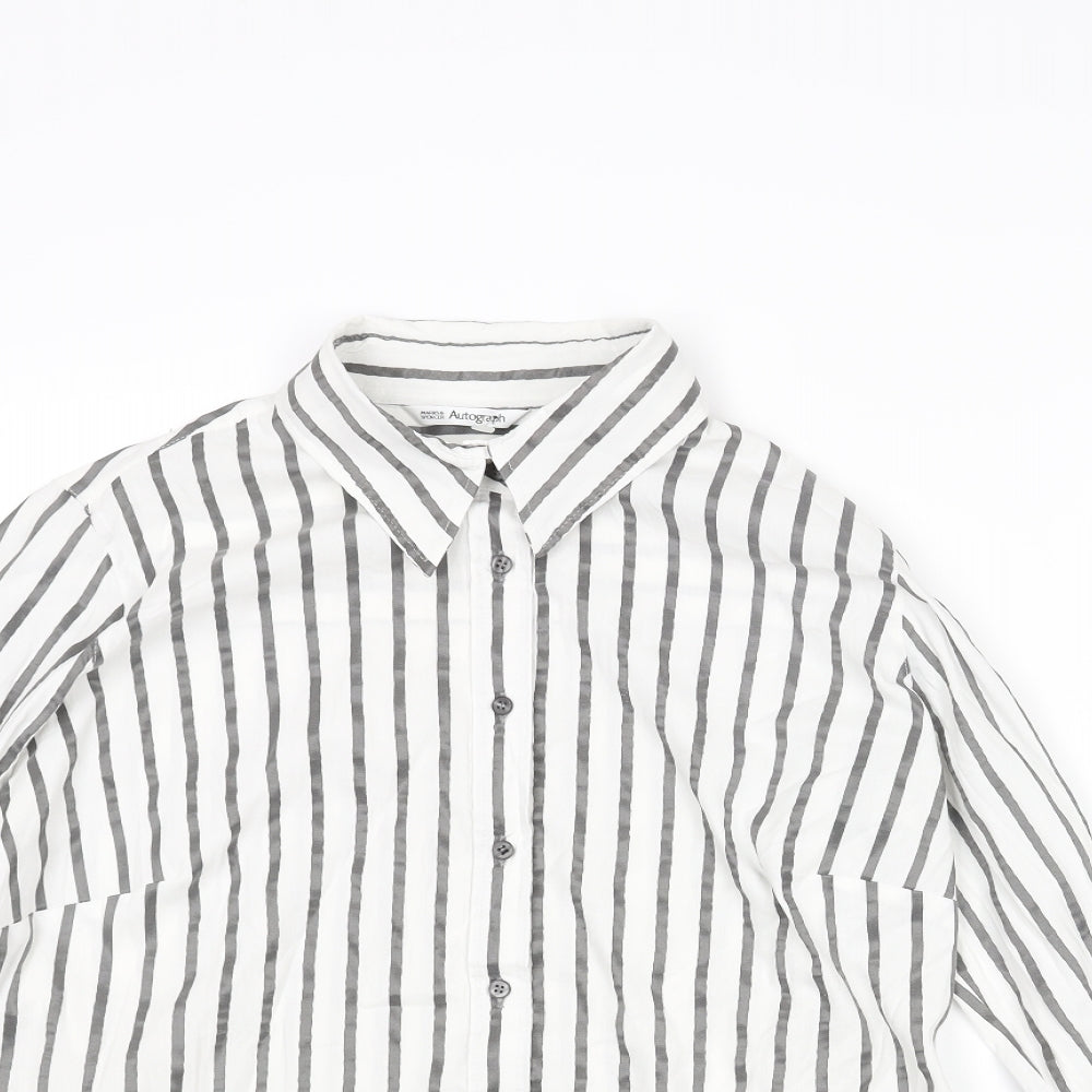 Autograph Womens White Striped Cotton Basic Button-Up Size 18 Collared