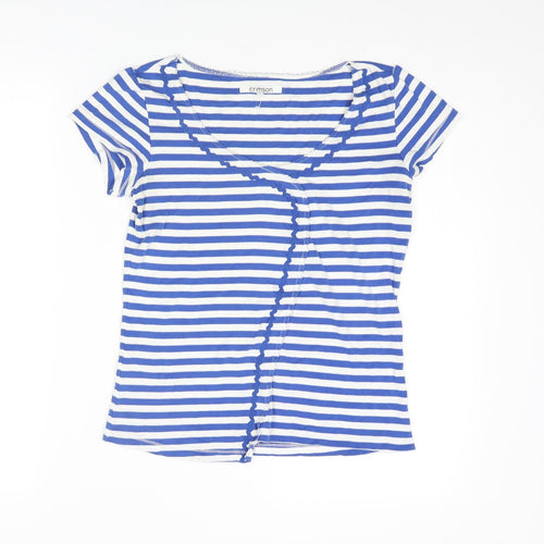 Crimson Womens Blue Striped Cotton Basic T-Shirt Size 8 Scoop Neck