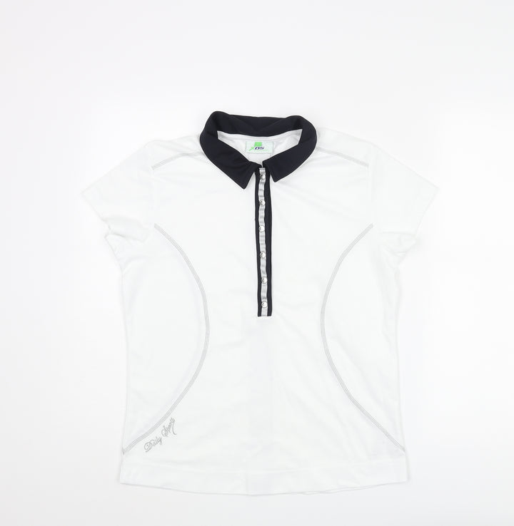Daily Sports Womens White Polyester Basic T-Shirt Size L Collared Snap