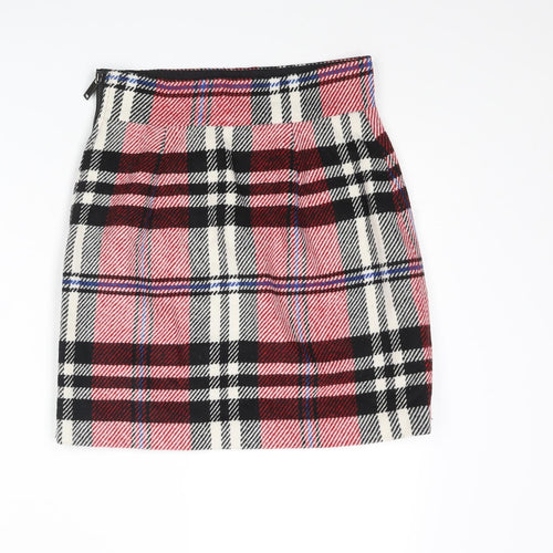 Topshop Womens Red Plaid Polyester A-Line Skirt Size 8 Zip
