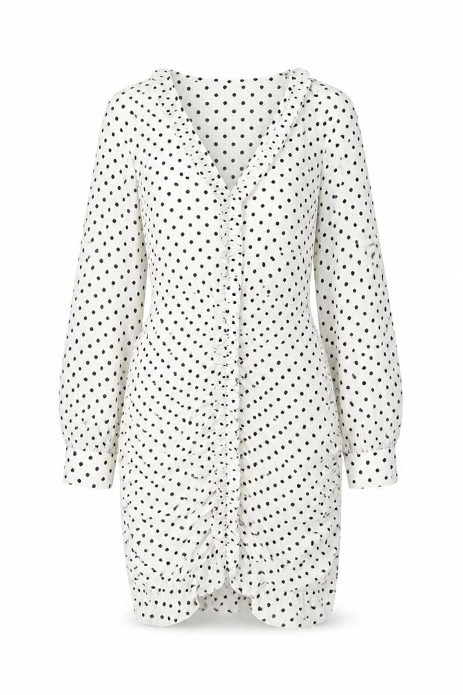 Front view of Zara women’s ivory polka dot polyester mini, size S, v-neck zip