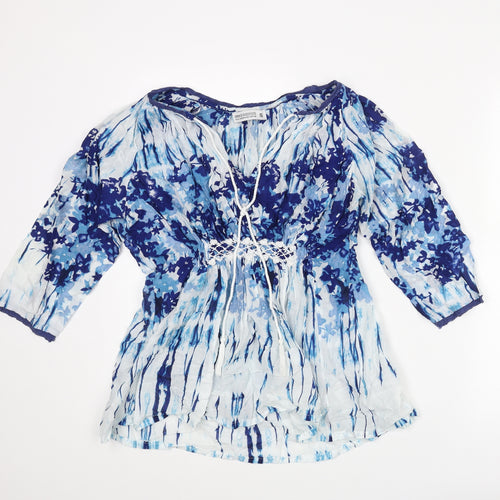 oneseason Womens Blue Geometric Polyester Basic Blouse Size S V-Neck