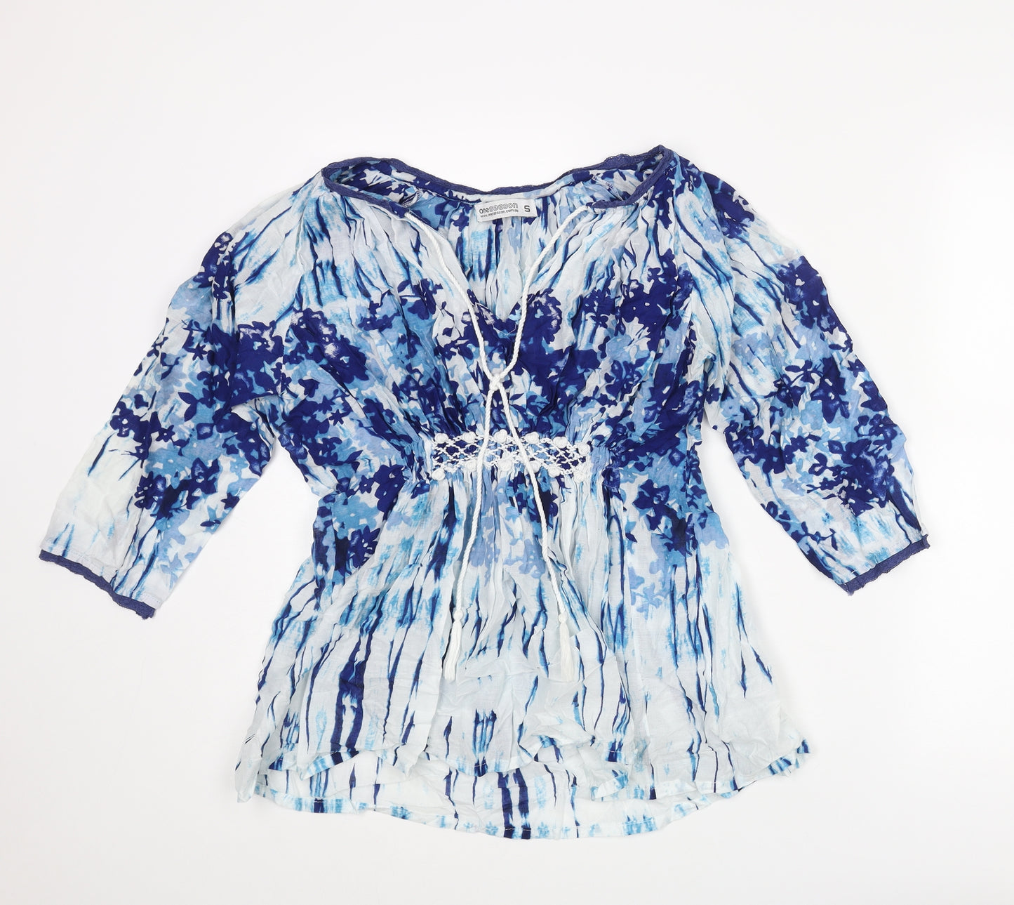 oneseason Womens Blue Geometric Polyester Basic Blouse Size S V-Neck