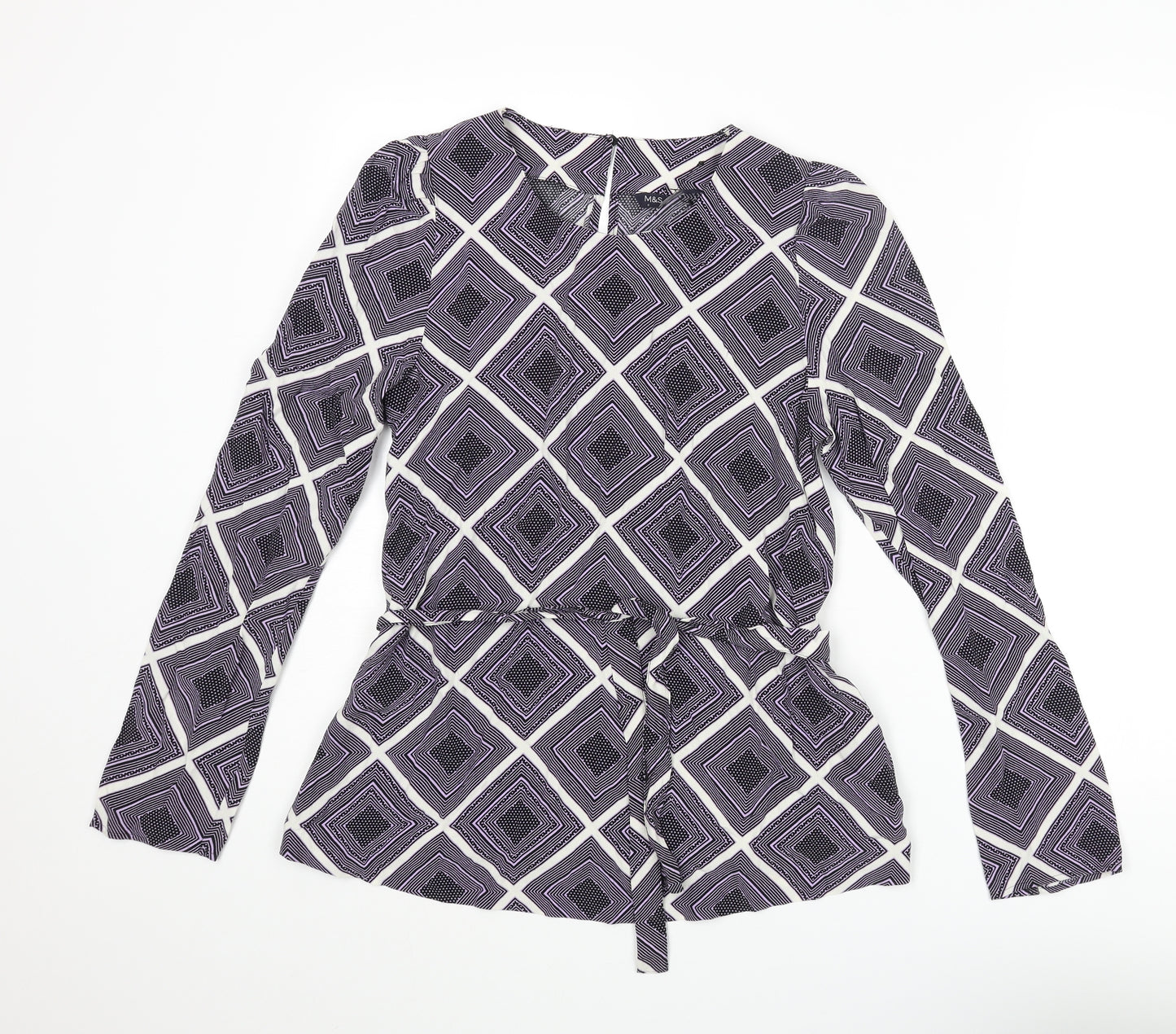 Marks and Spencer Womens Purple Geometric Viscose Basic Blouse Size 6 Round Neck