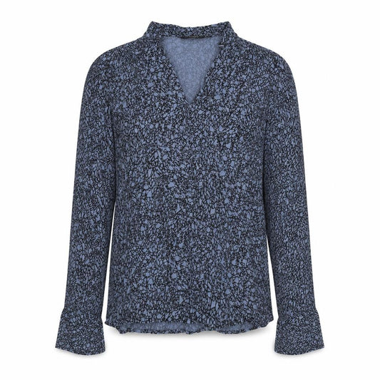 Front view of Soaked in Luxury women’s blue geometric viscose basic blouse, size XS, v-neck