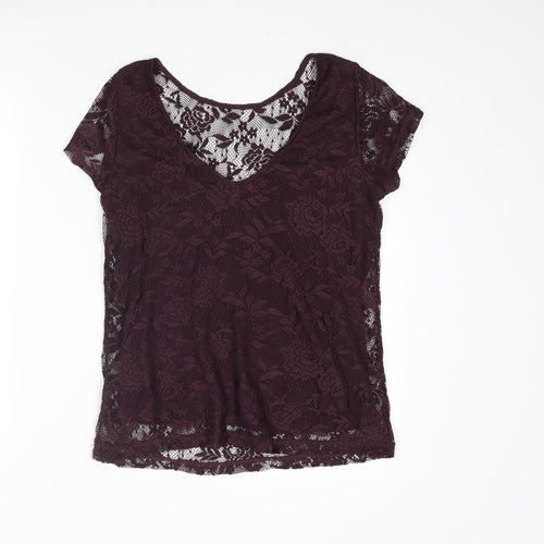 Dorothy Perkins Womens Purple Floral Polyester Basic T-Shirt Size 12 Scoop Neck