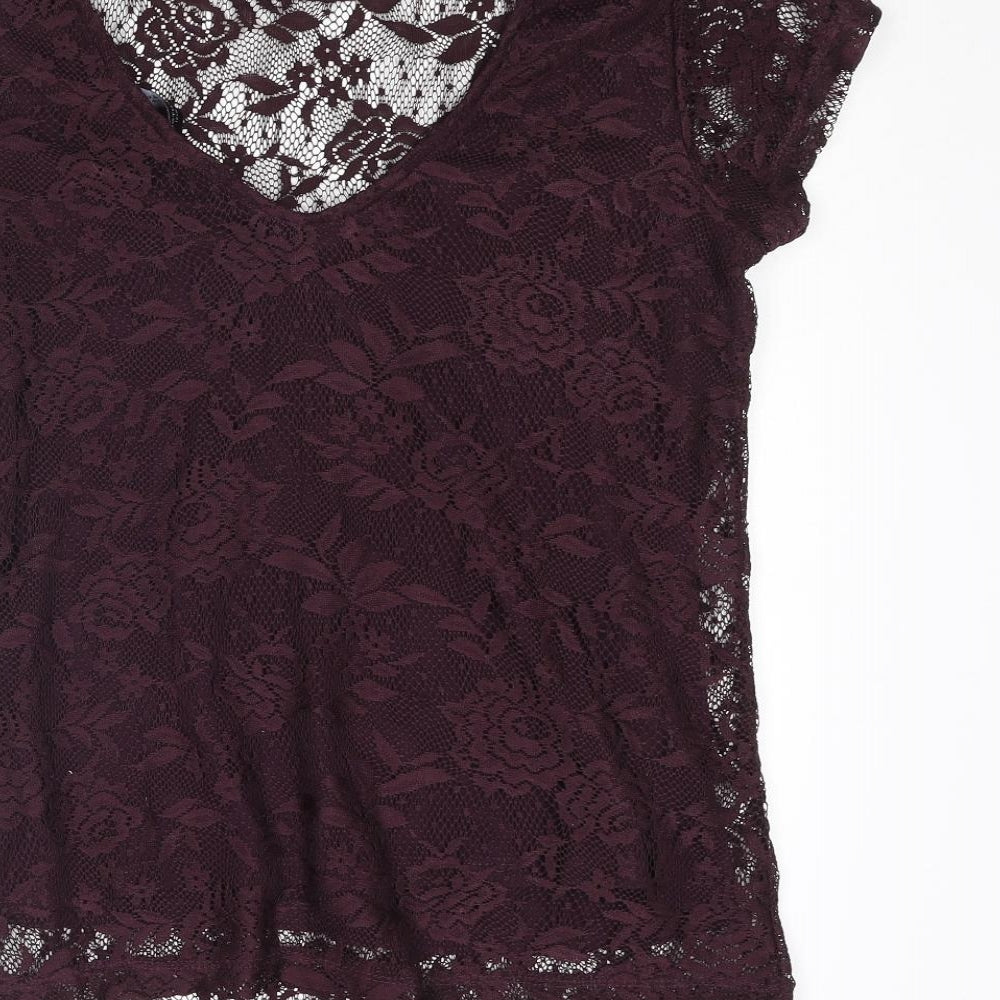 Dorothy Perkins Womens Purple Floral Polyester Basic T-Shirt Size 12 Scoop Neck
