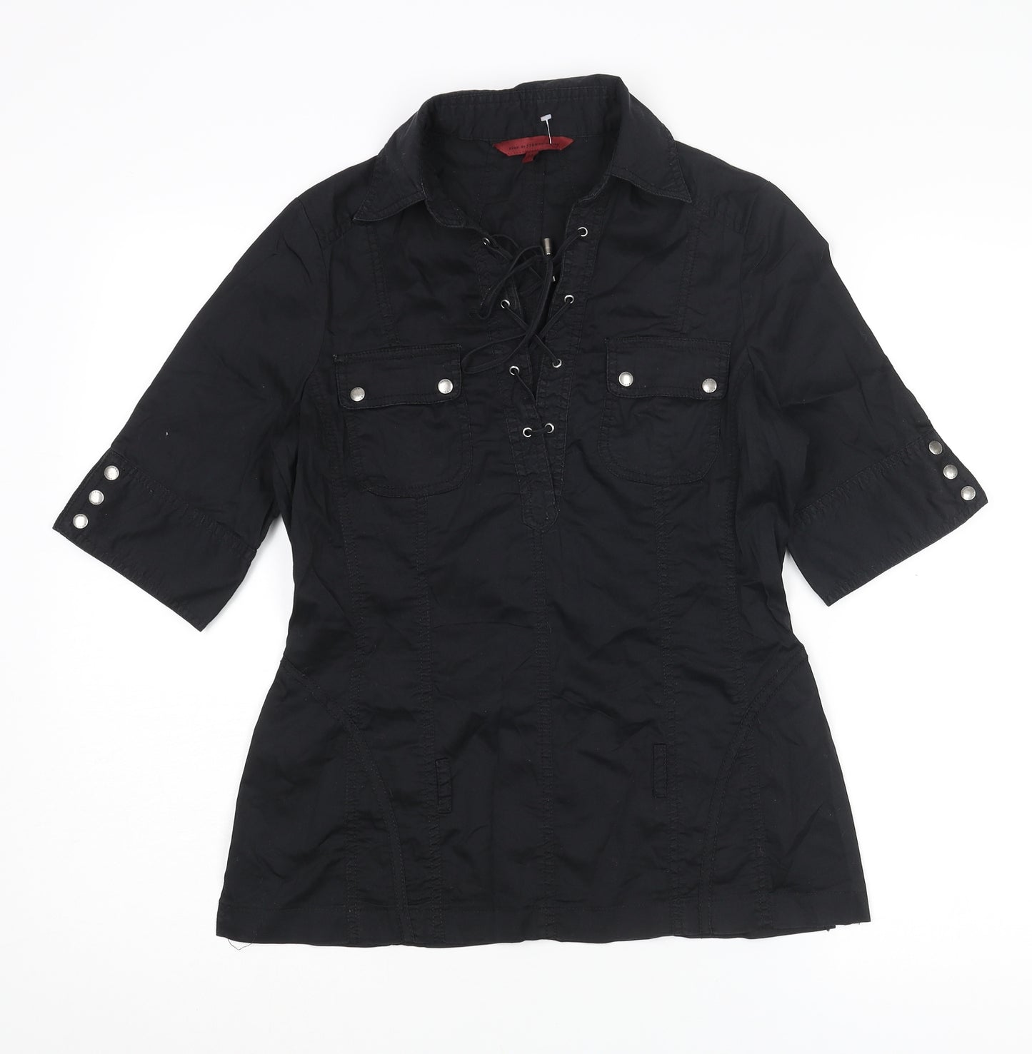 RJR.John Rocha Womens Black Cotton Basic T-Shirt Size 12 Collared - Lace Up Detail