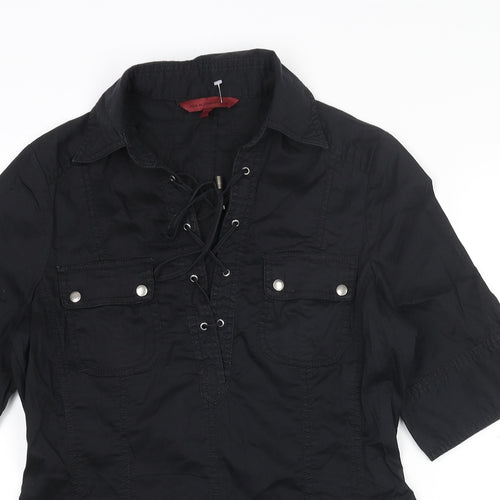 RJR.John Rocha Womens Black Cotton Basic T-Shirt Size 12 Collared - Lace Up Detail